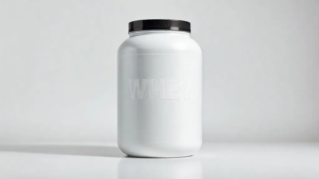 Análise completa do suplemento 3 Whey Top Taste da Bodyaction, mostrando um pote do produto totalmente sem marca em destaque com iluminação de estúdio.