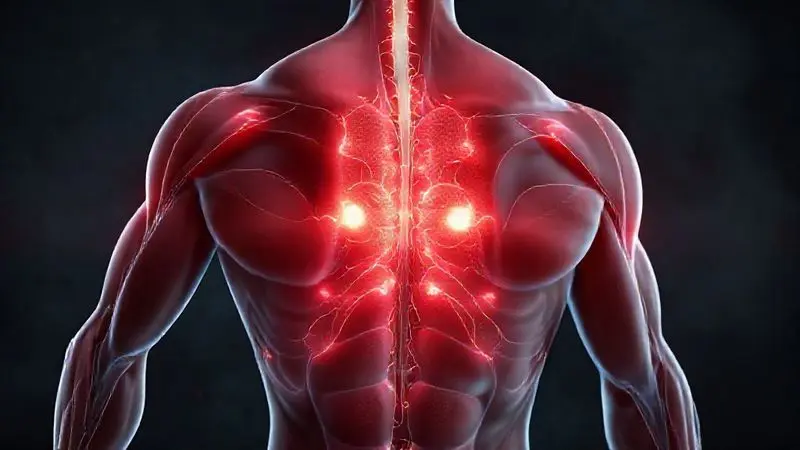 Render artístico de músculos com linhas de energia simbolizando a recuperação muscular acelerada após o treino com suplementação de whey.