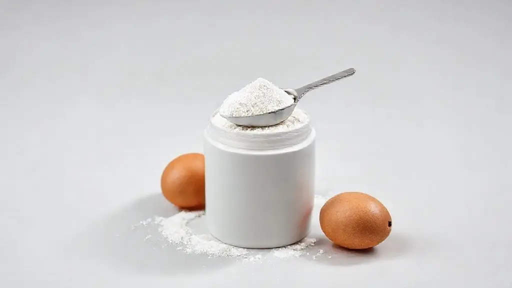Embalagem de albumina em pó com um medidor, destacando o suplemento de proteína de clara de ovo para ganho de massa muscular.