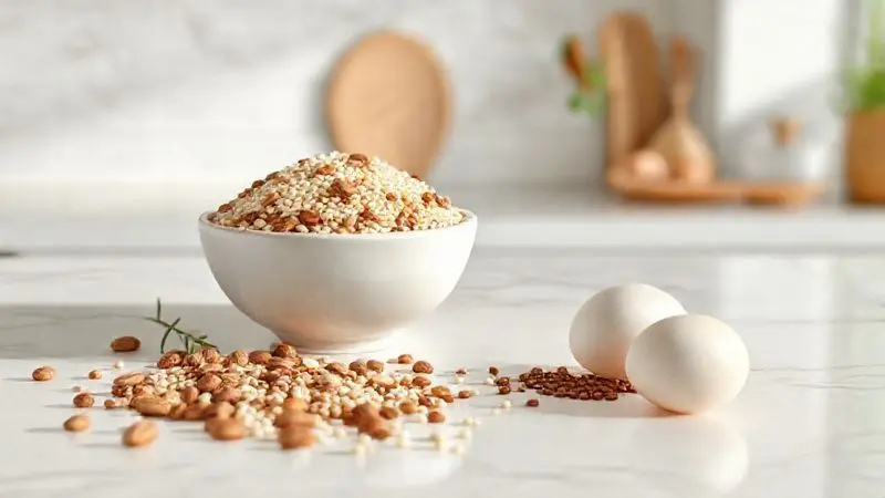 Arranjo de alternativas naturais ao whey protein, exibindo alimentos ricos em proteína como lentilhas, quinoa, nozes e ovos.