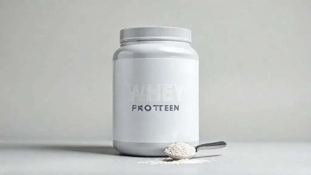 Análise completa do whey protein da Growth, mostrando um pote de suplemento sem marca com um medidor ao lado, simbolizando qualidade e pureza.