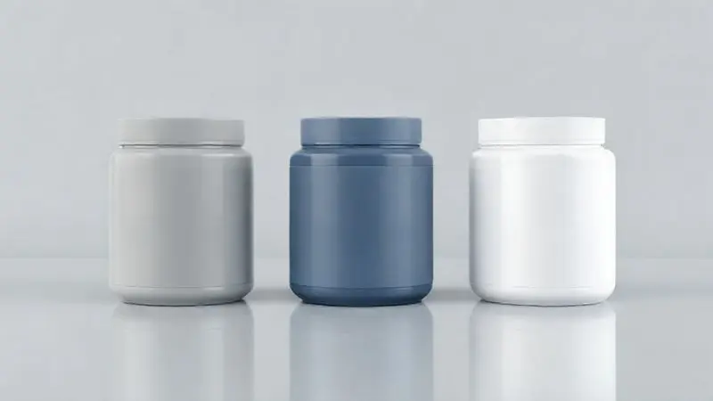 Render 3D de diferentes potes de whey, representando as diversas linhas de produtos da Health Labs para análise.