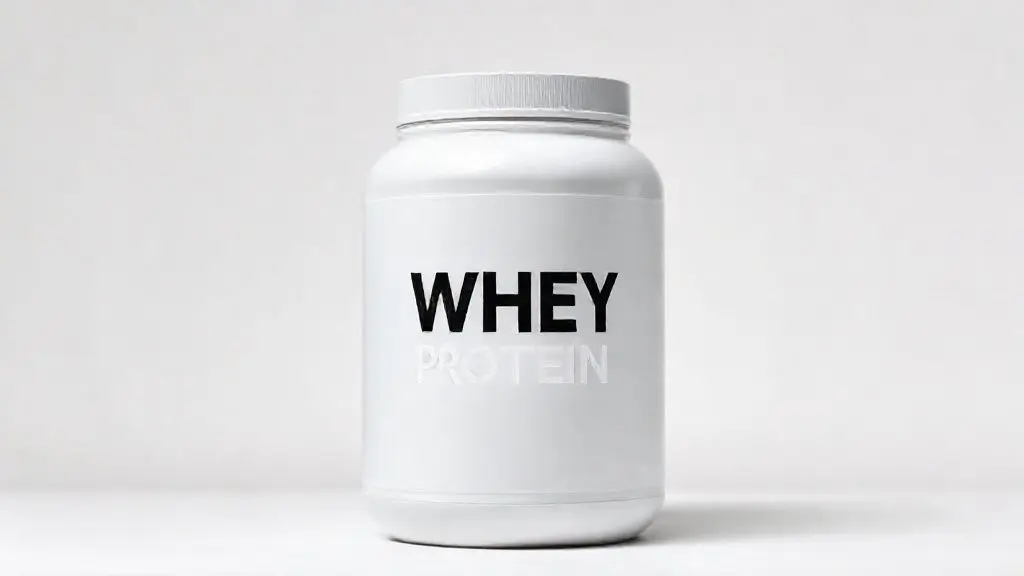 Pote de whey protein concentrado em um fundo neutro, representando uma análise completa do suplemento para ganho de massa muscular em 2024.