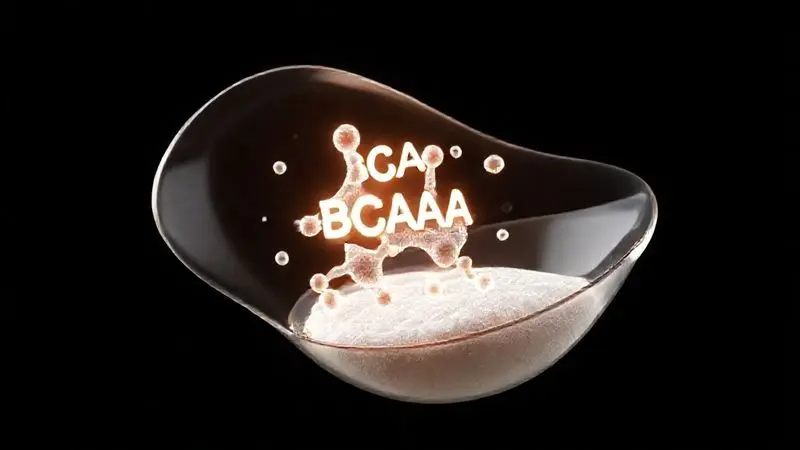 Ilustração 3D mostrando as moléculas de BCAA e Glutamina flutuando, representando sua presença natural no suplemento de whey protein hidrolisado.