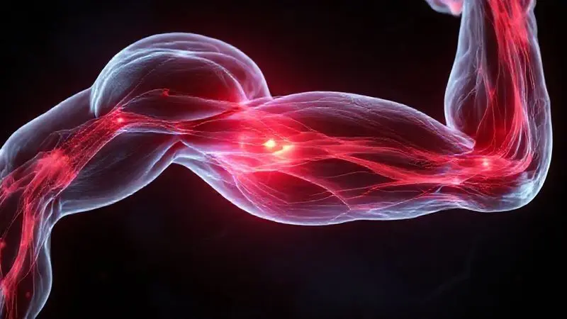 Render artístico das fibras musculares se fortalecendo, ilustrando os benefícios do Carnibol para o ganho de massa muscular.