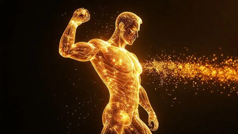 Render 3D de uma figura atlética com músculos se regenerando para ilustrar os benefícios da beef protein para recuperação e ganho muscular.