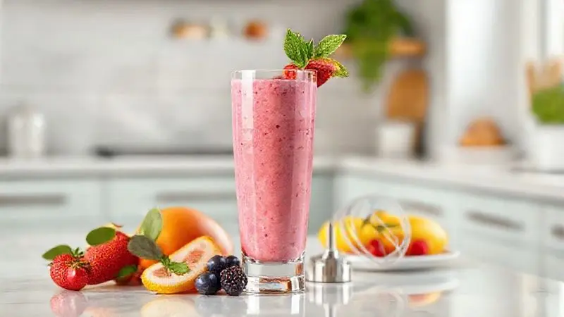 Render artístico de um smoothie de frutas vibrante ao lado de um mixer, ilustrando os benefícios de um bom mixer na preparação de alimentos saudáveis.
