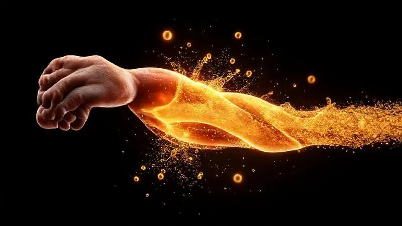 Ilustração artística dos benefícios do whey protein, mostrando a recuperação e fortalecimento das fibras musculares em nível celular.