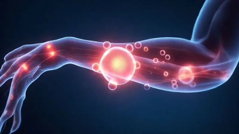 Ilustração conceitual mostrando fibras musculares se regenerando com a ajuda de moléculas de proteína, destacando os benefícios do whey para recuperação muscular.