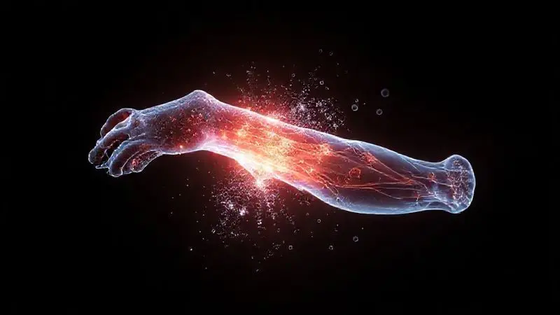 Ilustração conceitual mostrando os benefícios do whey protein com moléculas de proteína fortalecendo uma fibra muscular.