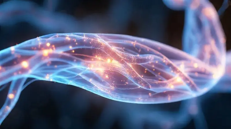 Ilustração 3D mostrando a recuperação e o fortalecimento de fibras musculares, simbolizando os benefícios do whey protein para o corpo.