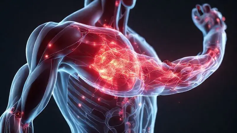 Ilustração 3D mostrando fibras musculares sendo reparadas por proteínas, simbolizando os benefícios do whey protein para a recuperação muscular.