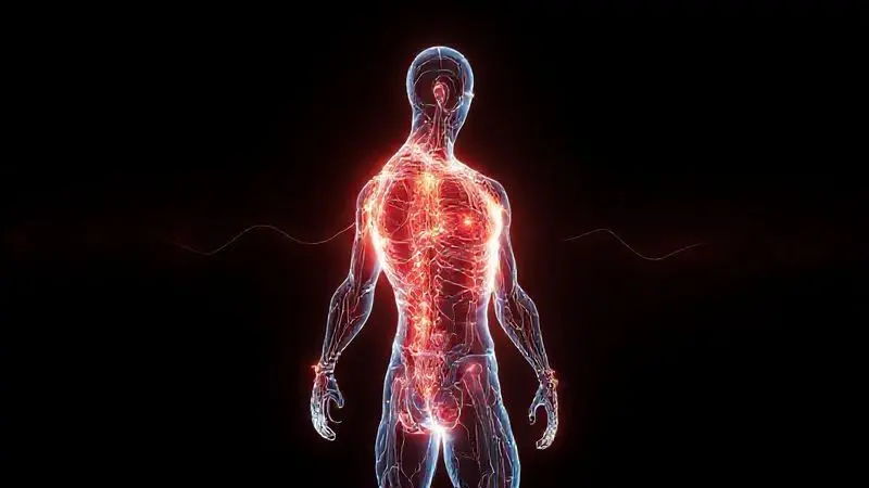 Ilustração digital de uma figura humana com linhas de energia destacando os músculos, mostrando os benefícios do whey protein para recuperação.