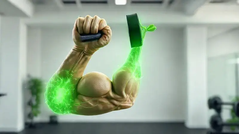 Ilustração conceitual de um braço musculoso com energia de plantas levantando um peso, simbolizando os benefícios da proteína de soja para o treino.