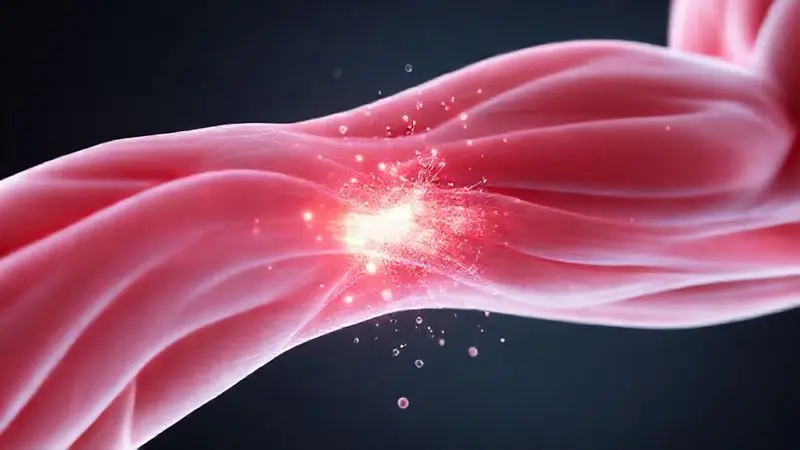 Render 3D de fibras musculares se regenerando com partículas de energia, ilustrando a recuperação muscular promovida pelo whey pós-treino.