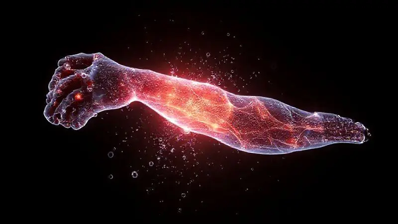 Ilustração 3D mostrando a reparação de uma fibra muscular, simbolizando os benefícios do Whey Adaptogen para a recuperação e crescimento dos músculos.