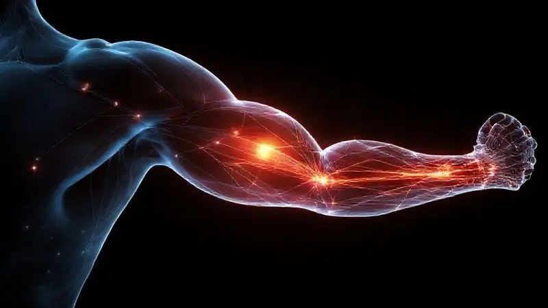 Ilustração artística dos benefícios do whey protein, mostrando a energia focada no crescimento e recuperação muscular de um braço atlético.