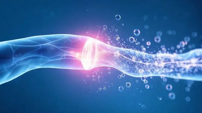 Render artístico de uma fibra muscular sendo reparada por partículas de proteína, simbolizando os benefícios do whey hidrolisado na recuperação muscular.