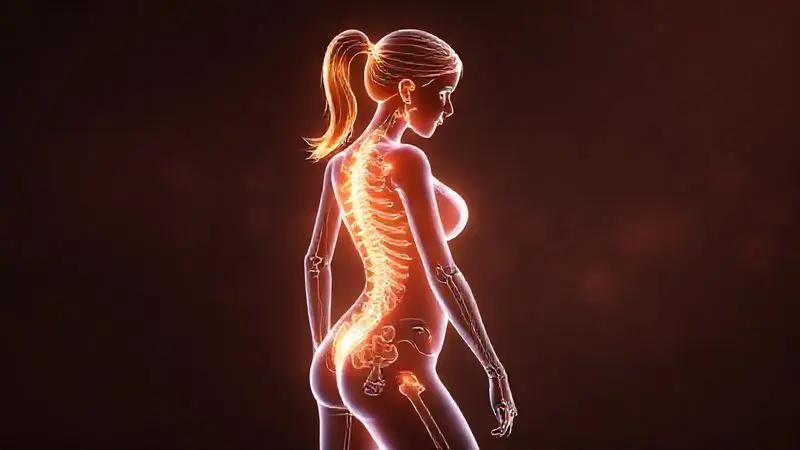 Ilustração conceitual dos benefícios do whey protein para mulheres, destacando a saúde óssea e o bem-estar geral, além da hipertrofia.