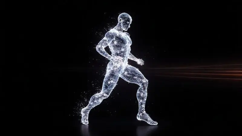 Ilustração de uma figura atlética estilizada, representando os benefícios do whey protein para objetivos de ganho de massa muscular e recuperação.