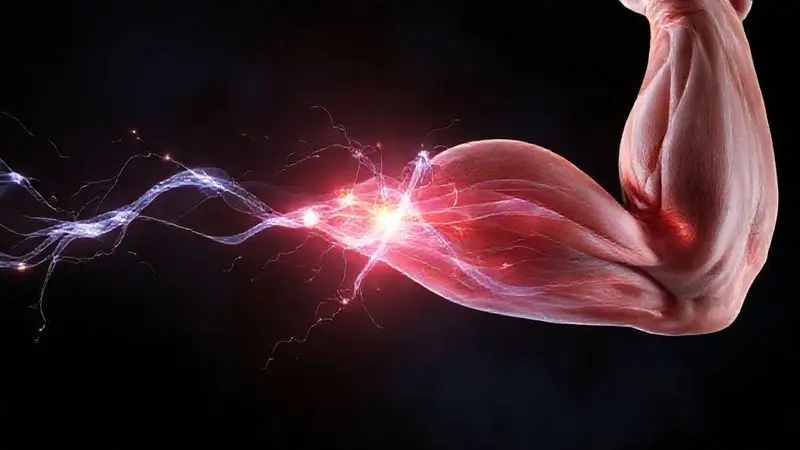 Ilustração 3D mostrando a ação do Whey Protein nas fibras musculares, simbolizando os benefícios do suplemento para os treinos de musculação e ganho de força.