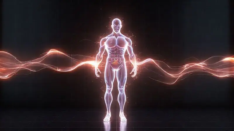 Ilustração conceitual dos benefícios do whey protein, mostrando uma figura atlética com linhas de energia simbolizando força e hipertrofia.