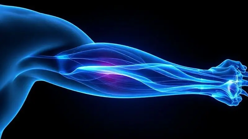 Ilustração conceitual de uma fibra muscular se regenerando, simbolizando os benefícios do whey protein para a recuperação e crescimento muscular.