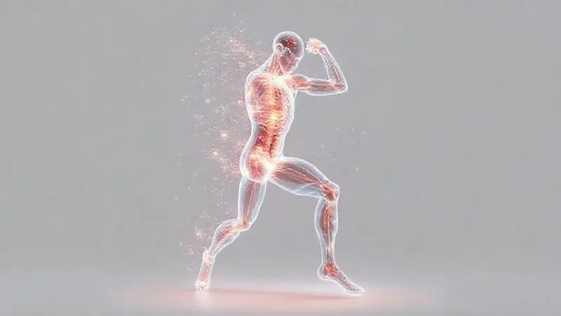 Render 3D artístico mostrando uma figura atlética com músculos definidos e energia, simbolizando os benefícios do whey sem lactose.