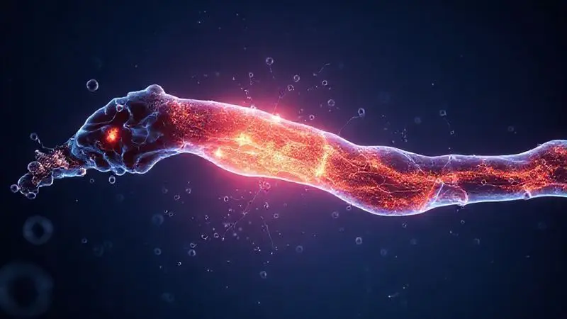 Ilustração conceitual dos benefícios do whey protein, mostrando a reparação e o crescimento das fibras musculares em nível microscópico.