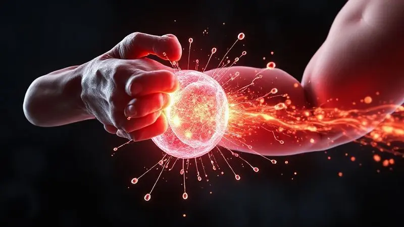 Render 3D artístico de uma célula muscular recebendo uma carga de energia, ilustrando a função da creatina no fornecimento de explosão muscular.