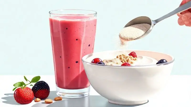 Ilustração de uma gestante incorporando whey protein em um café da manhã saudável, com iogurte, frutas e smoothies.