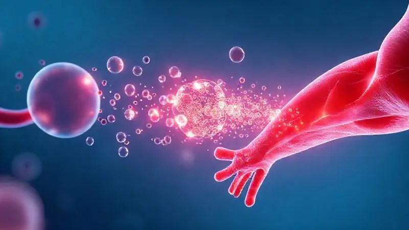 Ilustração 3D mostrando como a albumina age no corpo, reparando e construindo fibras musculares após a absorção da proteína.