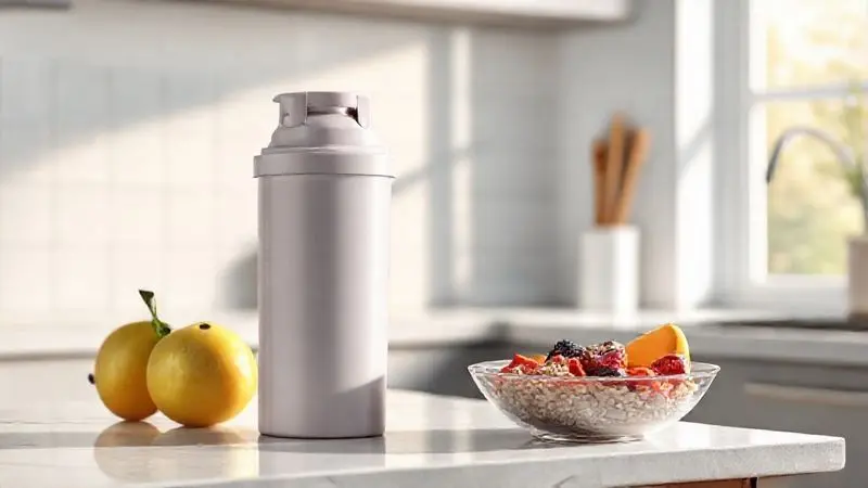 Ilustração de uma rotina diária saudável, mostrando como consumir Chef Whey com uma coqueteleira ao lado de frutas e aveia.