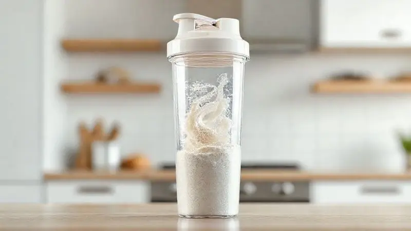 Render 3D de um shaker preparando uma dose de whey, ilustrando a maneira correta de consumir e misturar o suplemento.