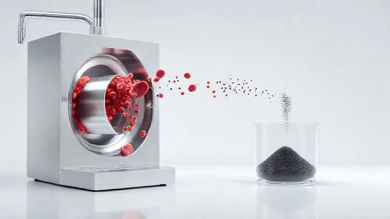 Render 3D conceitual mostrando o processo de produção da beef protein, da matéria-prima ao pó final, em um ambiente tecnológico.