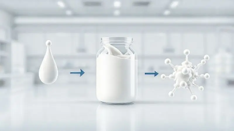 Ilustração 3D que mostra o processo de fabricação do whey protein, desde o leite até as moléculas de proteína em um ambiente de laboratório.
