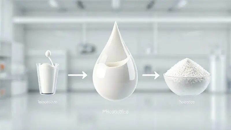 Ilustração conceitual do processo de produção do whey protein, desde o leite até o pó de proteína, mostrando as etapas de filtragem.