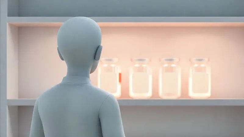 Ilustração conceitual de uma pessoa analisando diferentes opções de suplementos em uma prateleira para decidir qual o melhor whey protein isolado.