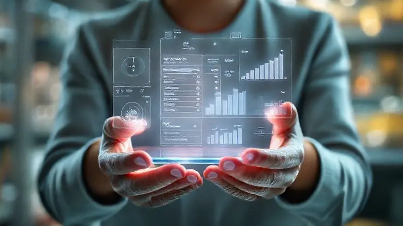 Ilustração de uma pessoa analisando gráficos e informações nutricionais em uma tela para escolher o melhor whey protein.