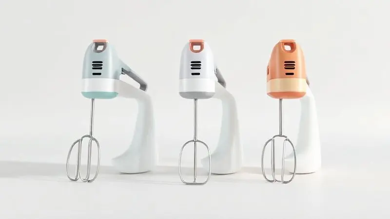 Ilustração 3D de três mixers conceituais lado a lado, simbolizando o processo de como escolher o melhor mixer para suas necessidades.