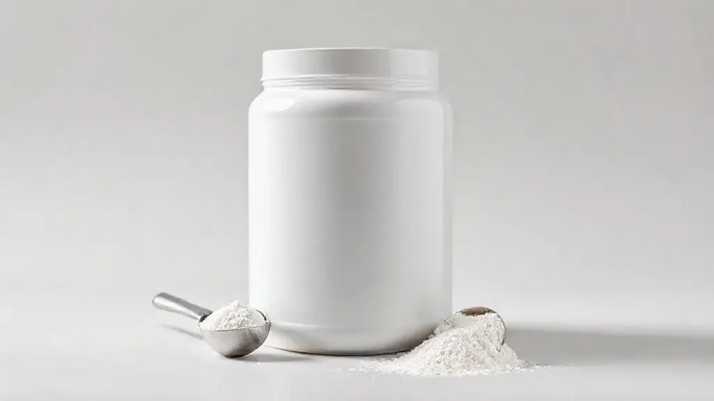 Um pote de whey protein sem marca e um medidor com o pó branco, representando o guia definitivo para escolher o suplemento ideal para seus objetivos.