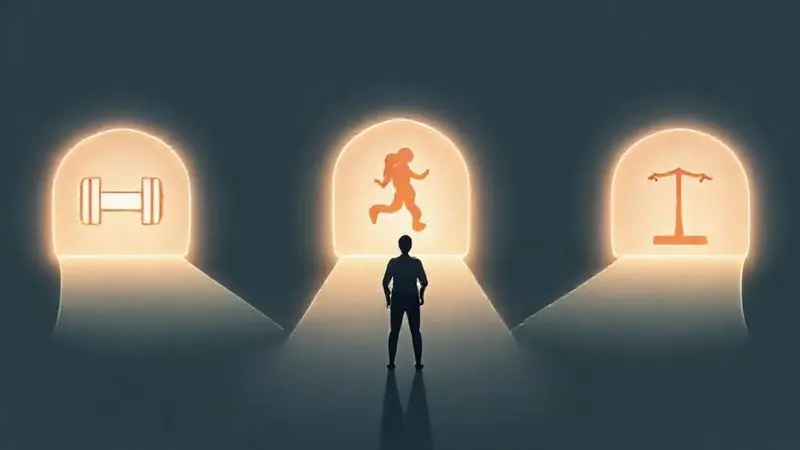 Ilustração conceitual de uma pessoa escolhendo um caminho entre diferentes objetivos de fitness, para decidir qual o whey protein ideal.