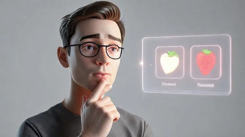 Ilustração de uma pessoa escolhendo entre diferentes ícones de sabores, simbolizando como escolher o melhor sabor de whey protein.