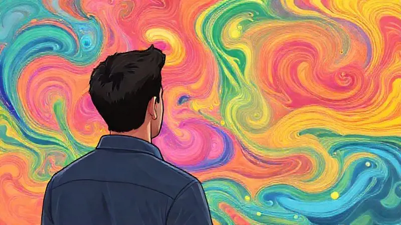 Ilustração de uma pessoa indecisa em frente a uma prateleira com várias opções coloridas e abstratas representando sabores de suplementos.