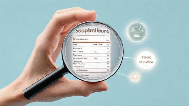 Ilustração de uma pessoa usando uma lupa para verificar selos de qualidade em um rótulo de suplemento, representando a escolha de um whey seguro.