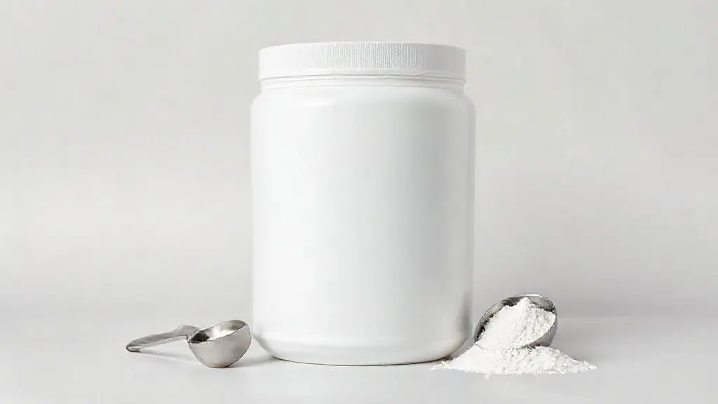 Pote de whey protein sem marca ao lado de um medidor com o pó, ilustrando o guia para escolher um suplemento confiável e de qualidade.