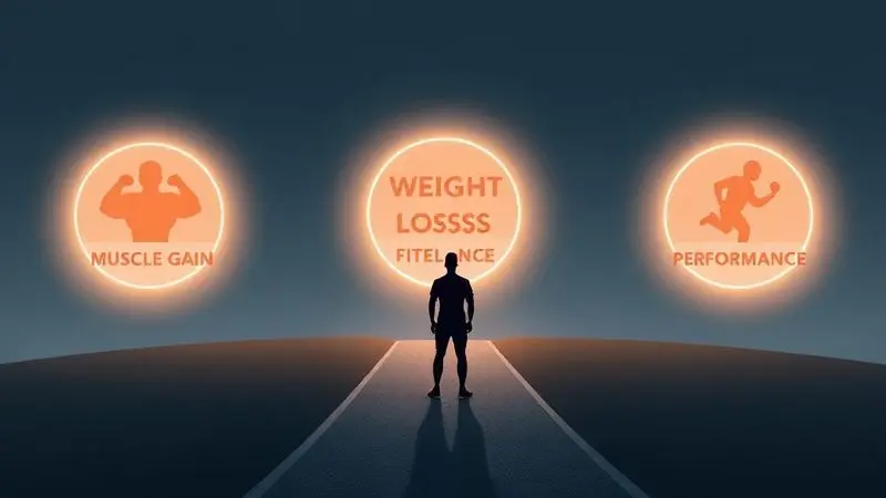 Ilustração sobre como escolher o whey protein ideal, mostrando uma pessoa diante de um caminho com ícones de diferentes objetivos de fitness.