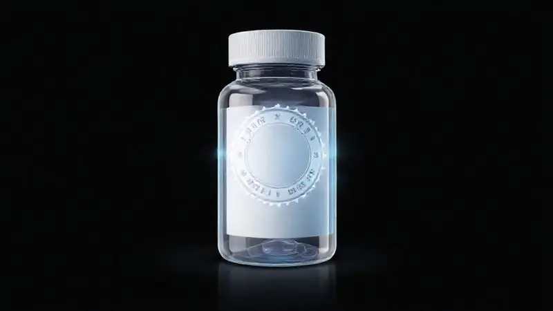 Ilustração de um selo holográfico de qualidade em um pote de suplemento, simbolizando como evitar comprar whey protein adulterado.