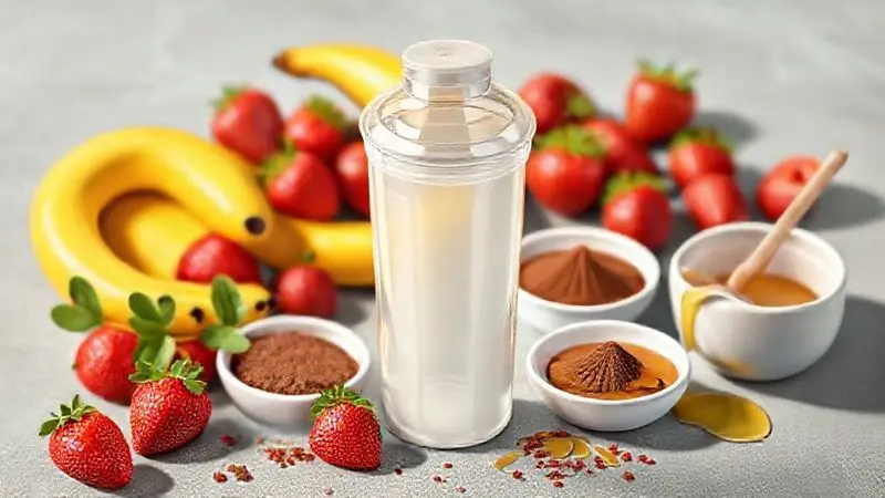 Ilustração artística de um liquidificador com frutas, cacau e mel ao redor, simbolizando formas de melhorar o sabor do suplemento.