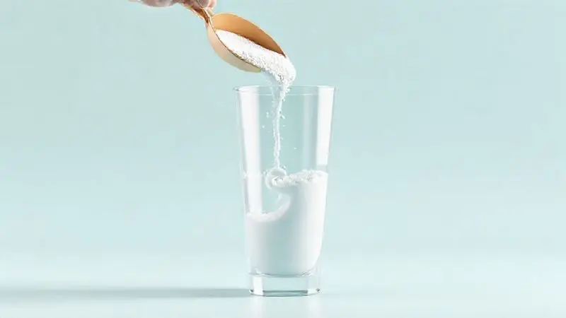 Ilustração 3D mostrando o modo de preparo do Nutren Protein, com o pó sendo adicionado a um copo com líquido de forma simples.